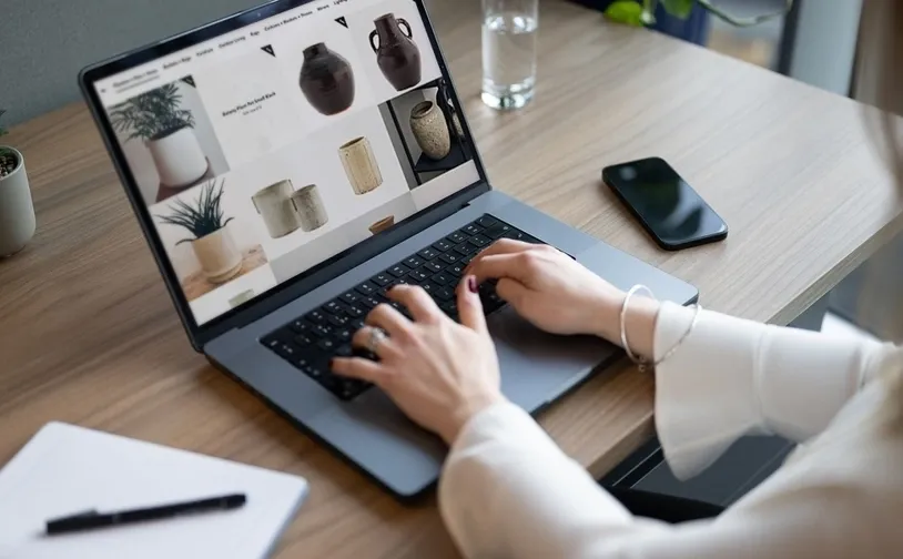 Person typing on a laptop showing an online store, with a smartphone, notebook, and glass of water on a wooden desk—illustrating digital commerce where AI can help detect fraud  