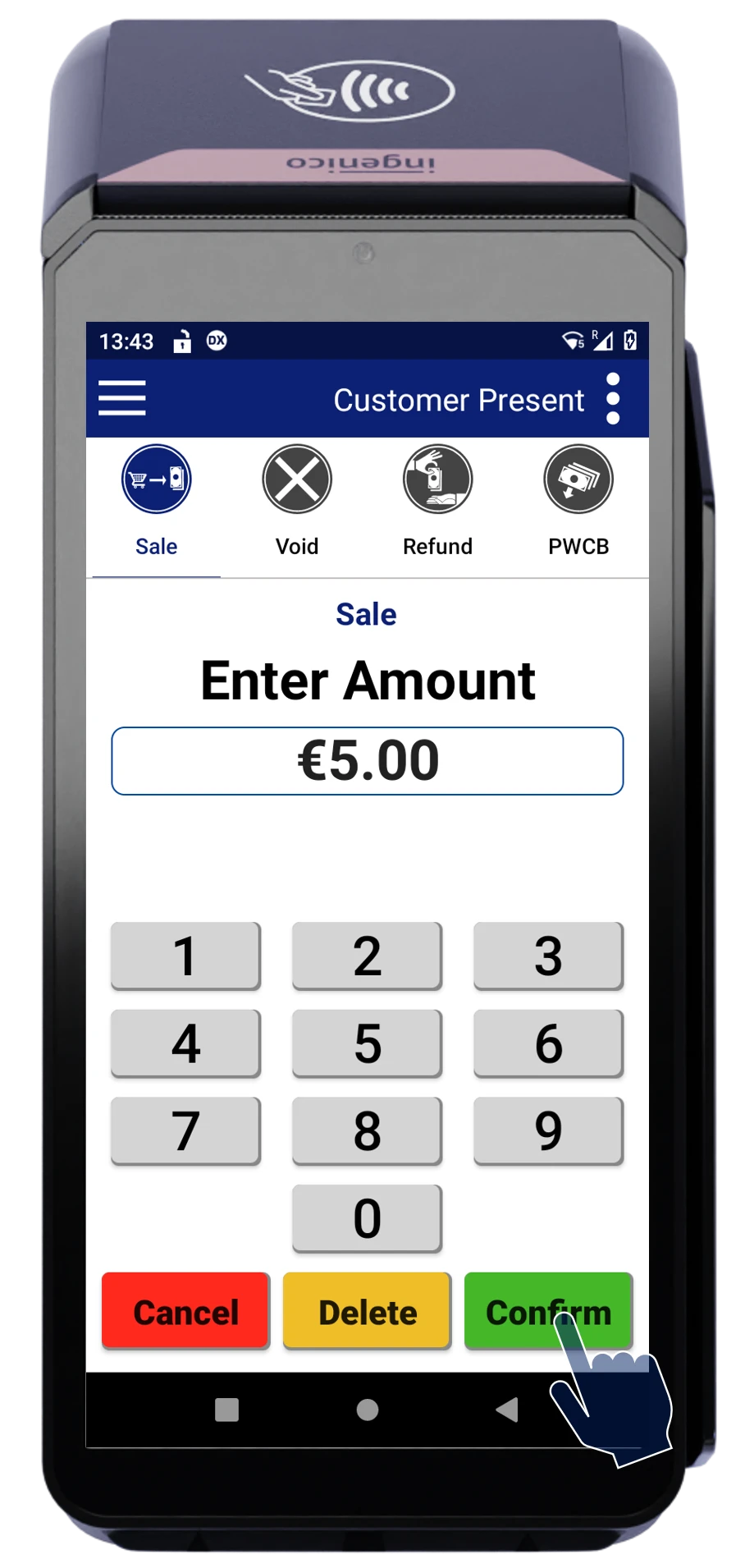 Payment terminal interface showing €5.00 transaction with numeric keypad and confirm button highlighted.
