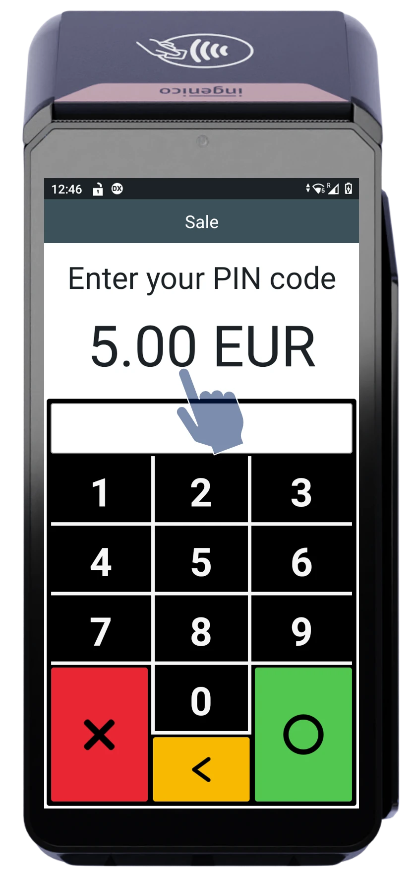 Payment terminal screen displaying 'Enter your PIN code' for €5.00 sale with numeric keypad and contactless icon.