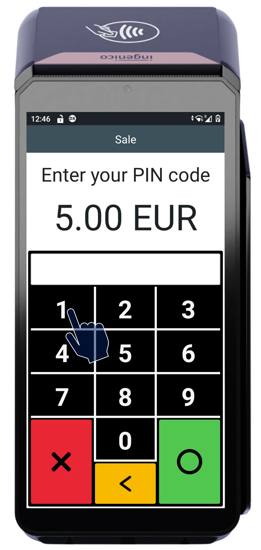 Payment terminal screen prompting PIN entry for €5.00 sale with hand icon pointing to number 1 on keypad.