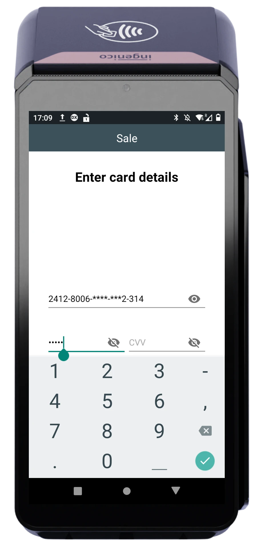 POS device interface showing card entry screen with partially hidden card number and CVV input options.